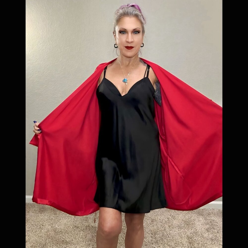 80s Victoria's Secret Silk Slip Dress and Kimono Robe Set, Red and Black, Size S